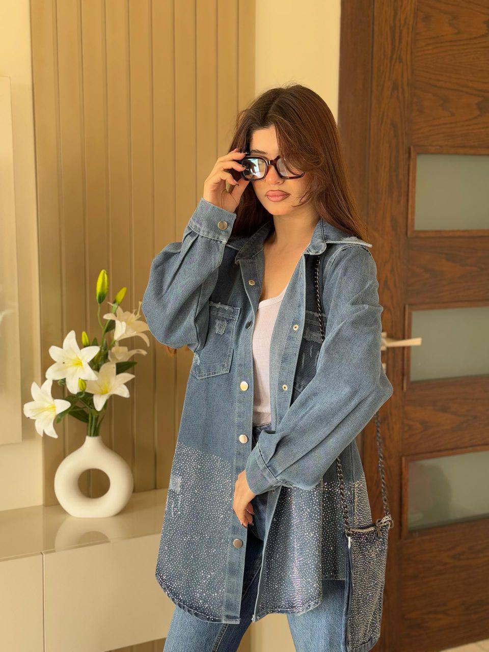 Button-Up Denim Shirt with Bag